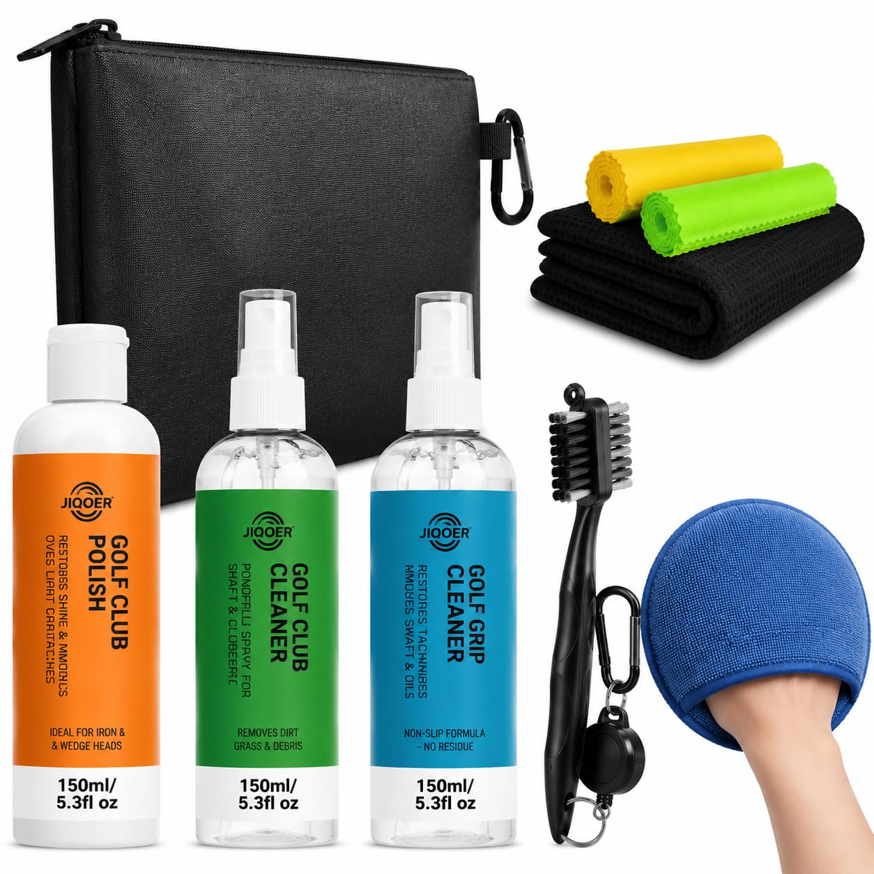 Golf Club Cleaning Kit with Applicator Pad – Club Cleaner, Grip Cleaner, Polish, Groove Sharpener, Towels & Storage Bag – Complete Golf Club Care Set