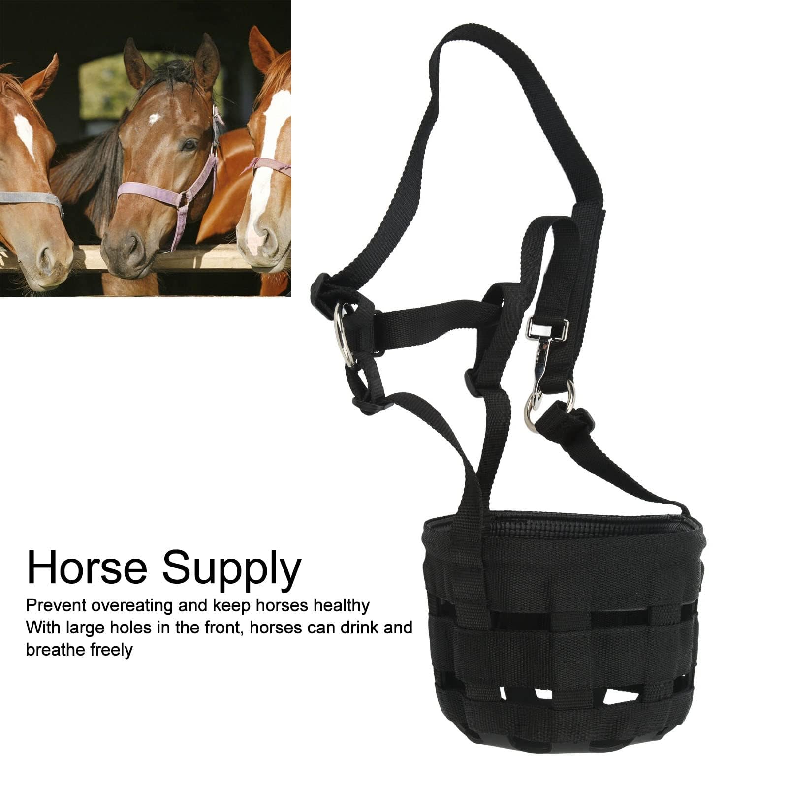 HERCHR Muselières pour Chevaux, 63 cm, protège-Bouche, muserolle, Supports de Bouche avec Grands Trous, Sangle réglable Anti-Morsure pour mangeoires équestres