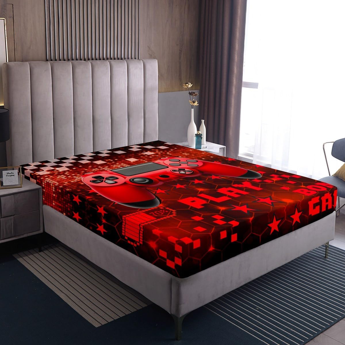 Feelyou Gamer Bedding Sheets Gaming Bed Sheet Set for Kids Boys Game Controller Geometric Pattern Bedding Fitted Sheet Vedio Game Gampad Bed Cover Red 1 Bed Sheet Set with 2 Pillowcases Full Size
