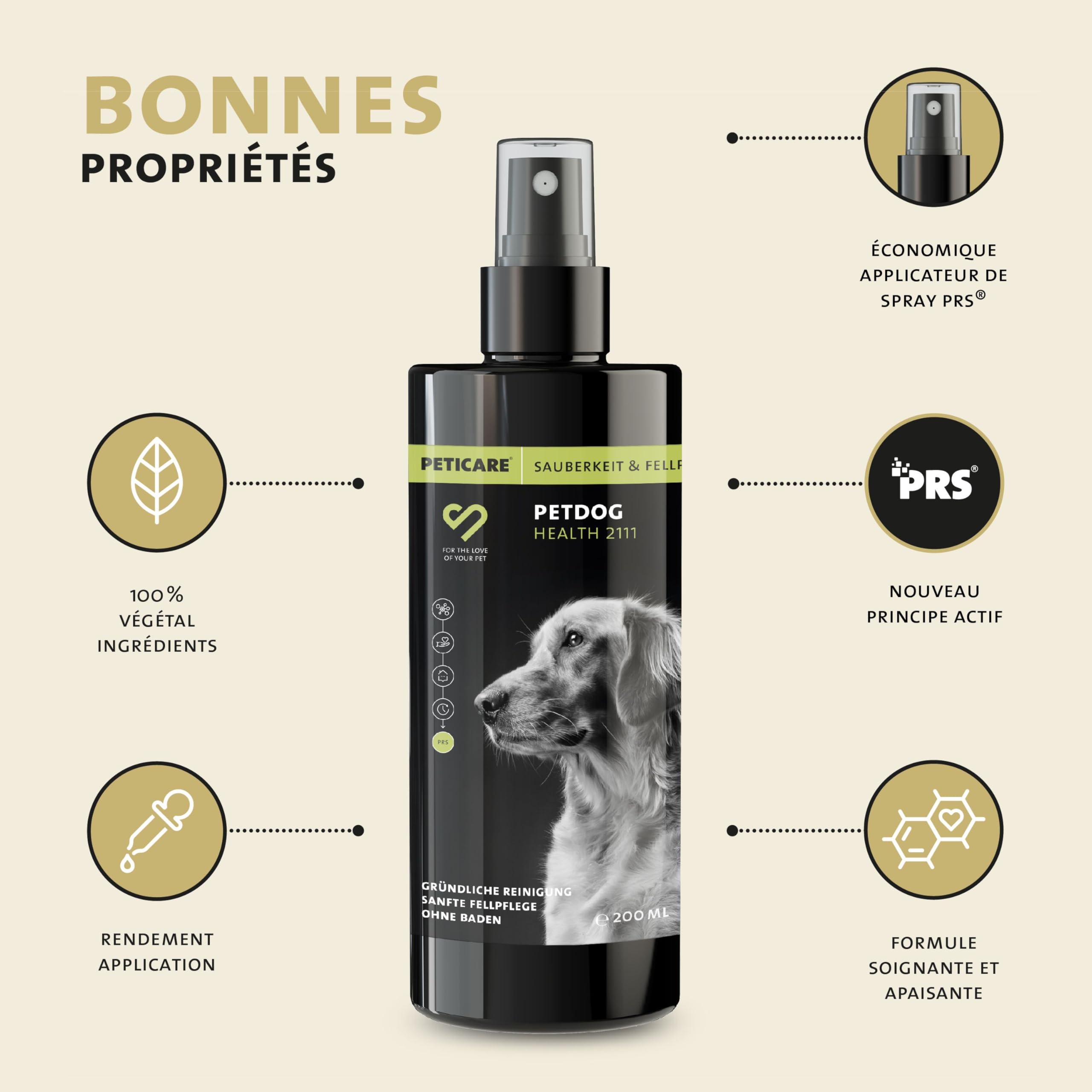 Peticare Shampoo Sec Naturel pour Chiens | Nettoyage sans Stress et Eau | Contre la saleté, Les odeurs | Soin du Pelage pour Tous Types de Poils | avec Huile d'argan et de Coco | petDog Health 2111