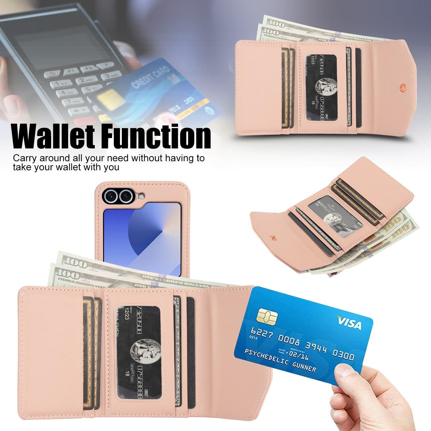 for Samsung Galaxy Z Flip 6 Wallet Case with Built-in Leather Cash Slot and Credit Card Holder, Adjustable Crossbody Strap, Hinge Protection for Women Ladies.(Pink)