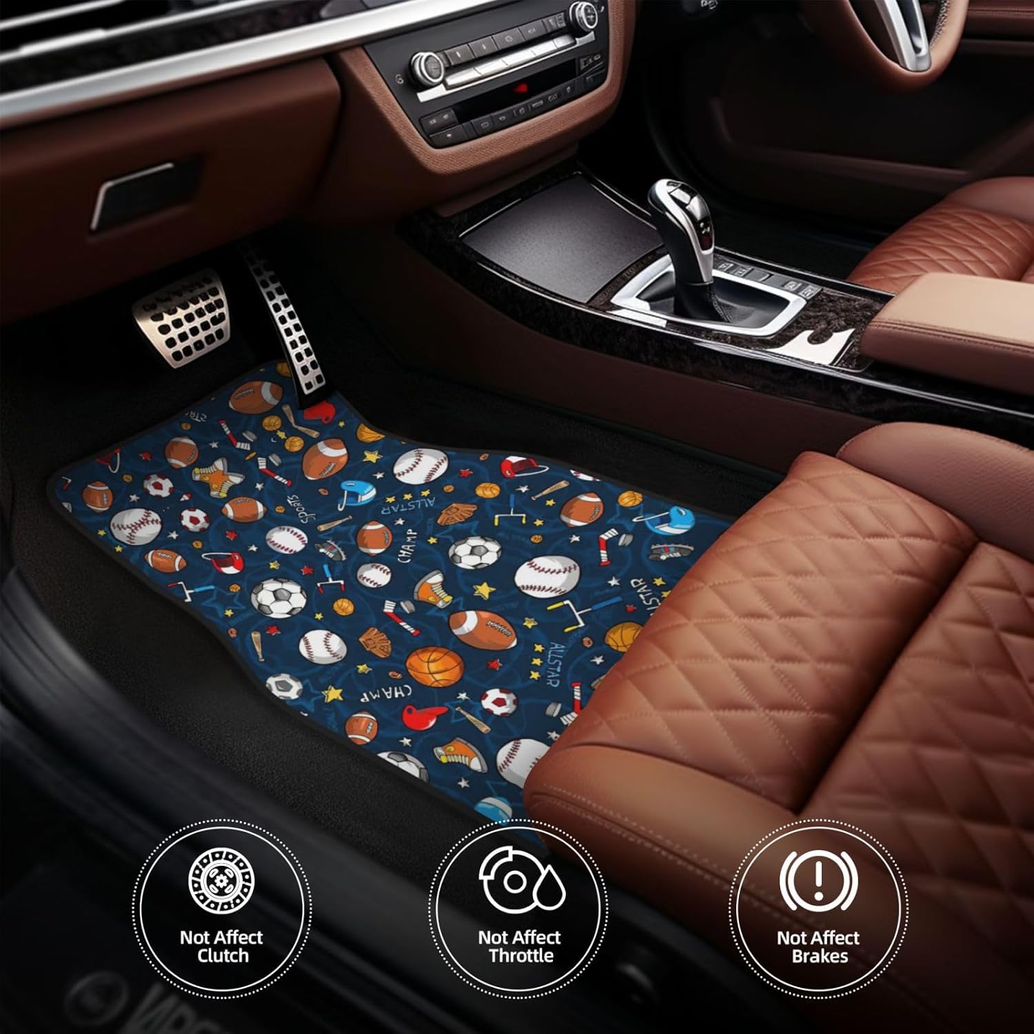 Universal Car Baseball Basketball Football Hockey Print Floor Mats â€“ 4-Piece Set Rubber Backing, Fits Most SUVs, Trucks, Sedans, and Vans