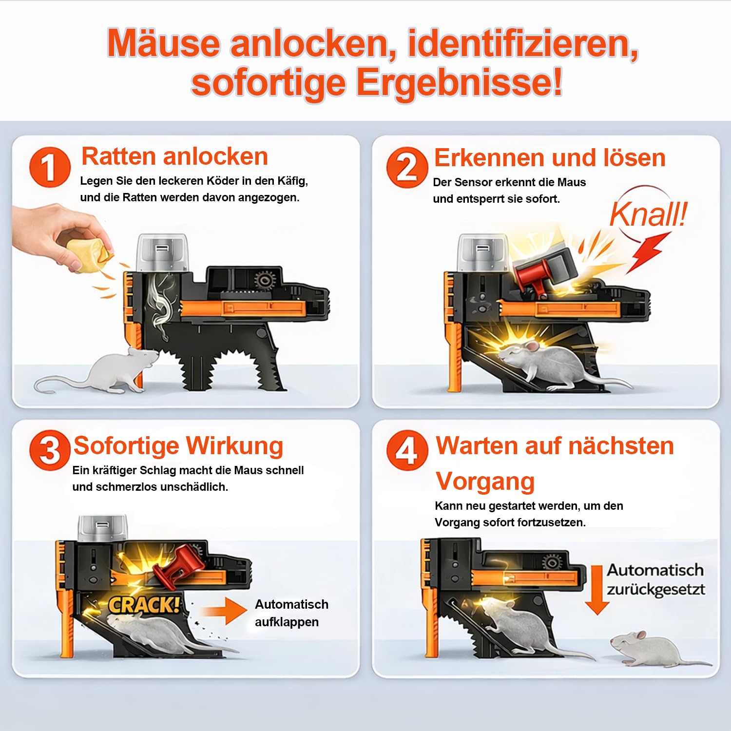 Elektrische Mausefalle mit Sensor, effiziente, giftfreie Nagetierbekämpfung, schnell und wiederverwendbar, Humane Lösung für Mäuse und Ratten, Haus, Küche, Garage und Keller