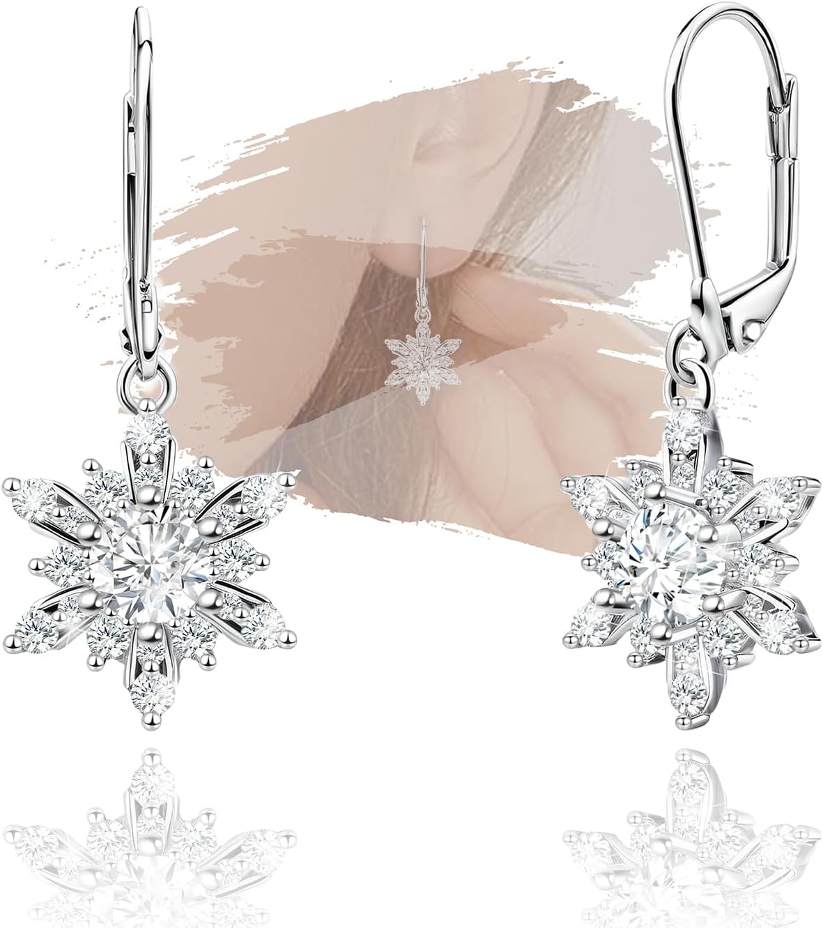 Snowflake Earrings for Women Sterling Silver Leverback Earrings Hypallergenic Clear Cubic Zirconia Sparkle Earring Classic Elegant Winter Christmas Jewelry Gifts for Her Mom Wife