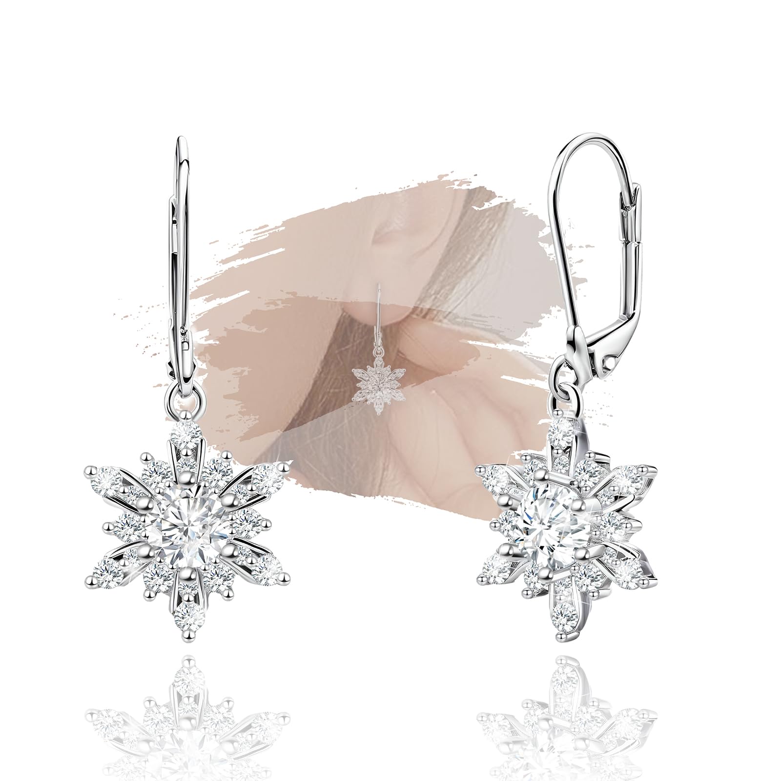 Snowflake Earrings for Women Sterling Silver Leverback Earrings Hypallergenic Clear Cubic Zirconia Sparkle Earring Classic Elegant Winter Christmas