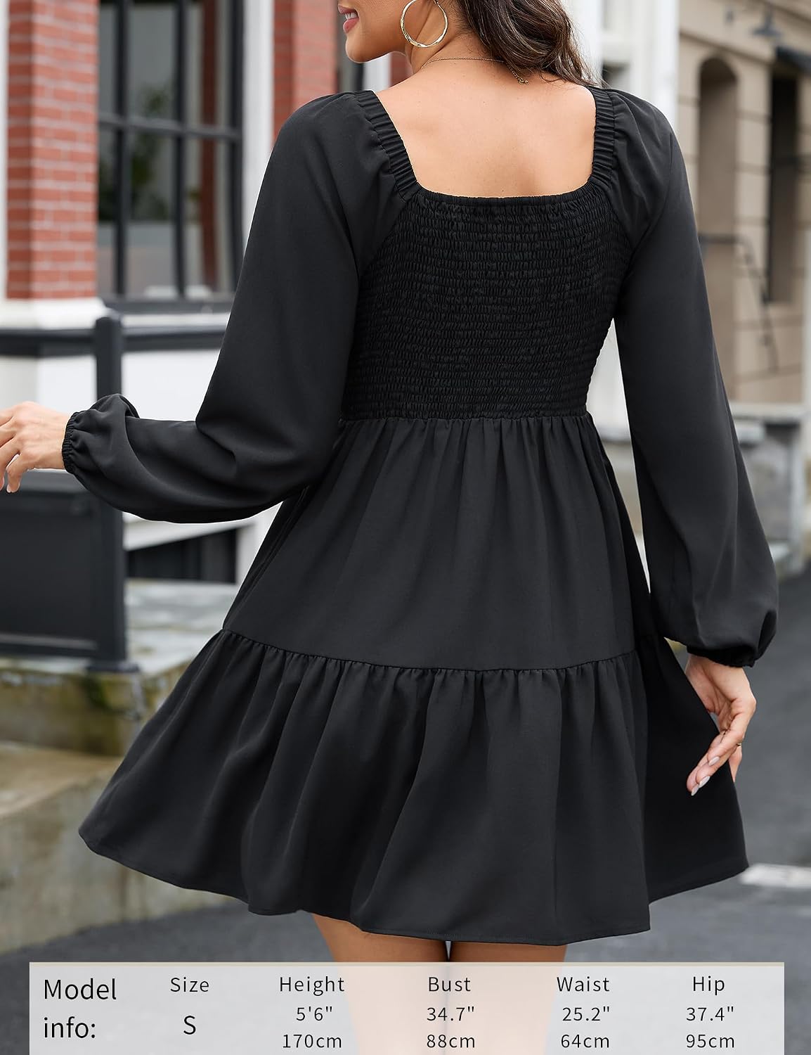 Amoretu Womens Square Neck Long Sleeve A-Line Mini Dress Pockets image 5