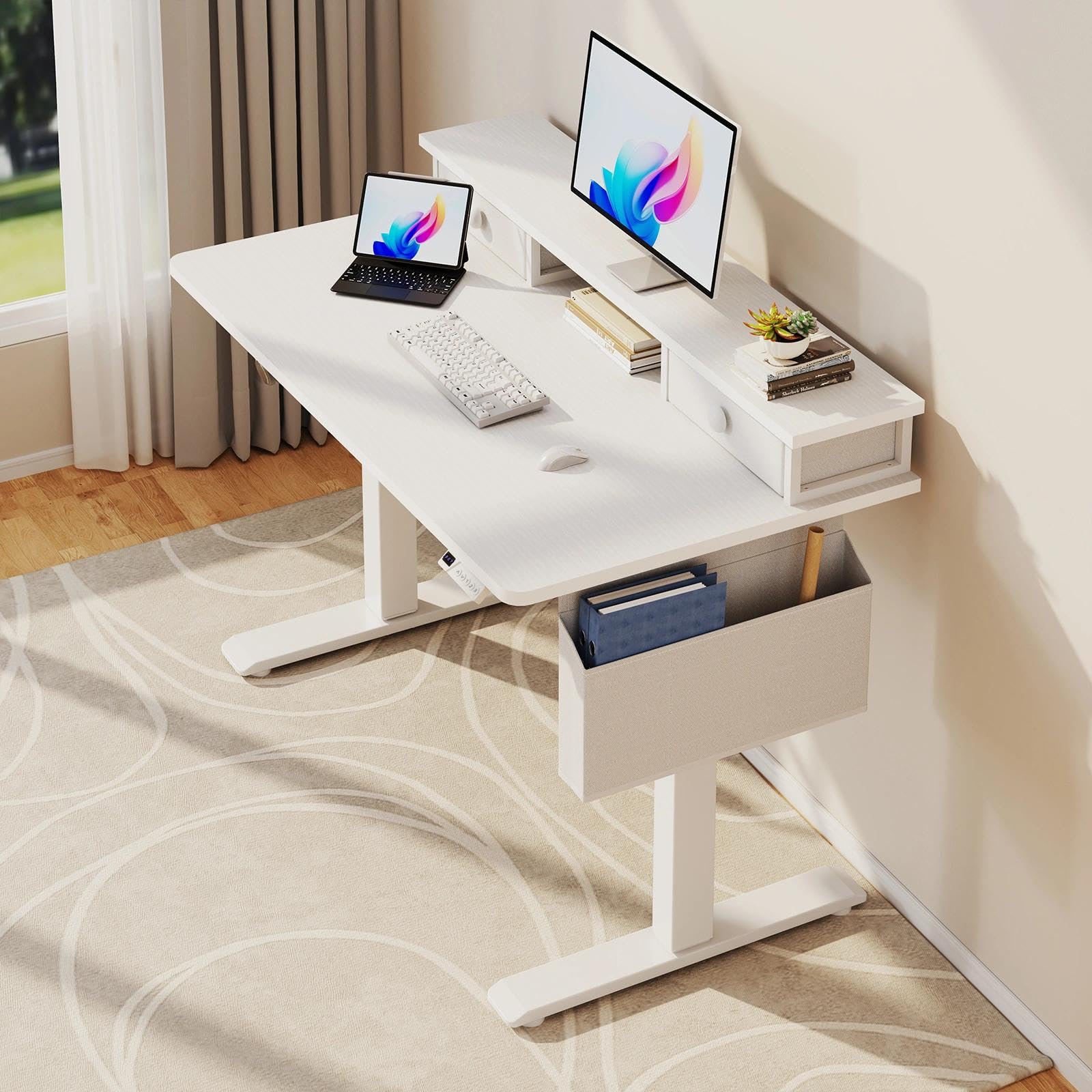 White Electric Standing Desk with Drawers - 40 Inch Small Standing Desk with Shelf Monitor Stand Storage Height — view 6