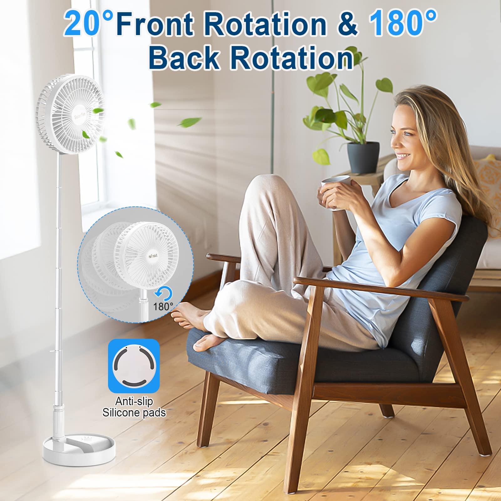 Stille Ventilator 3 Snelheden BoloShine Stille, Opvouwbare Staande Ventilator - Oplaadbaar Via USB én Zonne-energie, 3 Snelheden, Perfect Voor Binnen & Buiten Staande Ventilator Met Accu