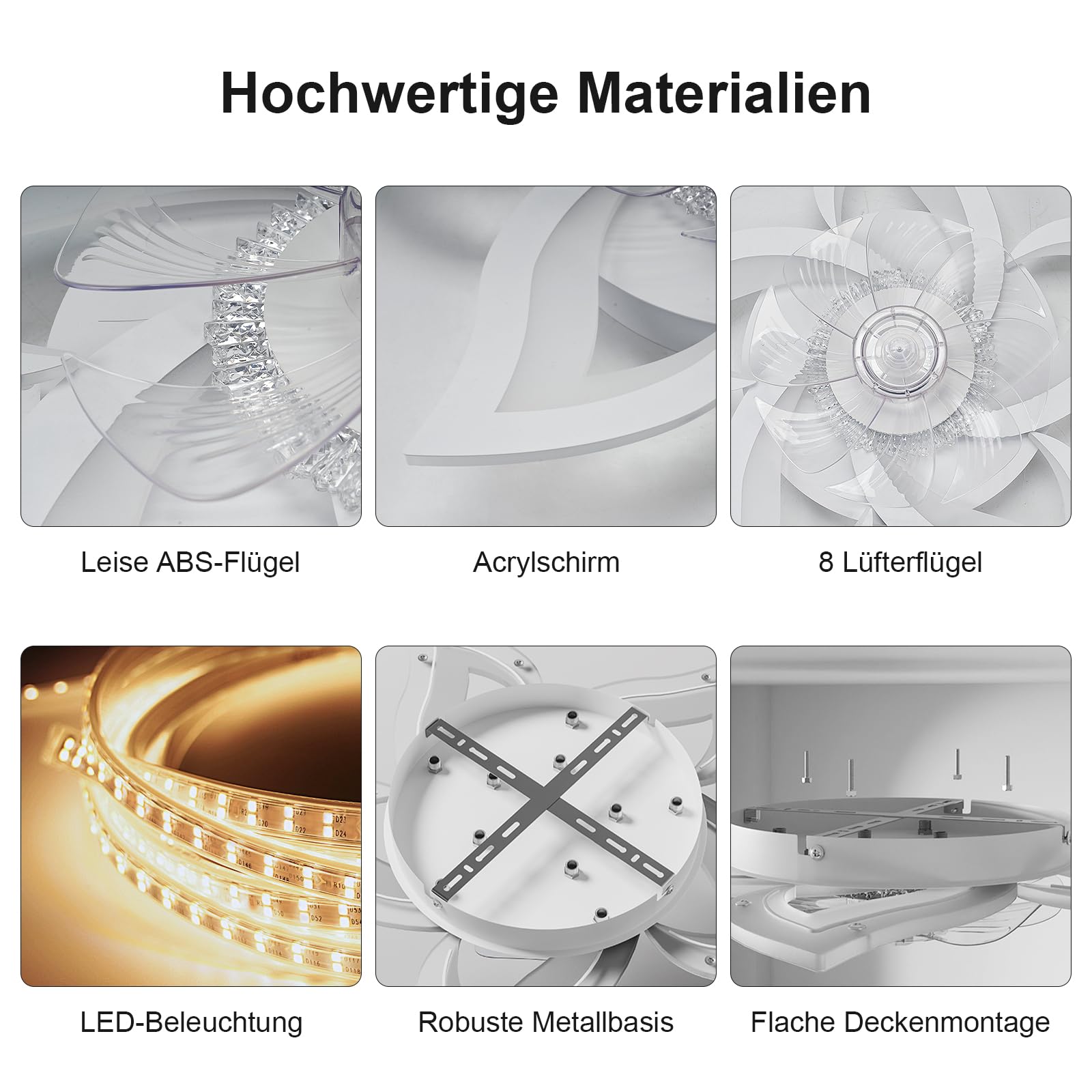 LED Deckenventilator mit Licht Leise, 69 cm Deckenventilator mit Beleuchtung Dimmbar (3000K-6000K), App & Fernbedienung, für Schlafzimmer/Wohnzimmer, 47W, Weiß