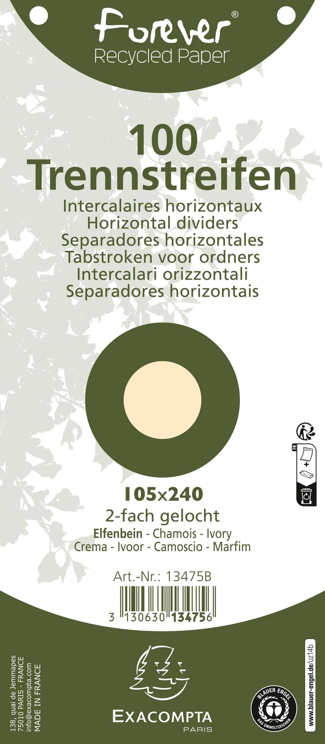 Paquet 100 fiches intercalaires horizontales unies perforees forever - 105 x 240 mm