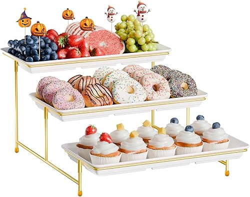 Miniatura 15 de Juego de bandejas de melamina extra grandes de 3 niveles y soporte para cupcakes para eventos de fiesta, platos de 17 pulgadas con soporte Negro