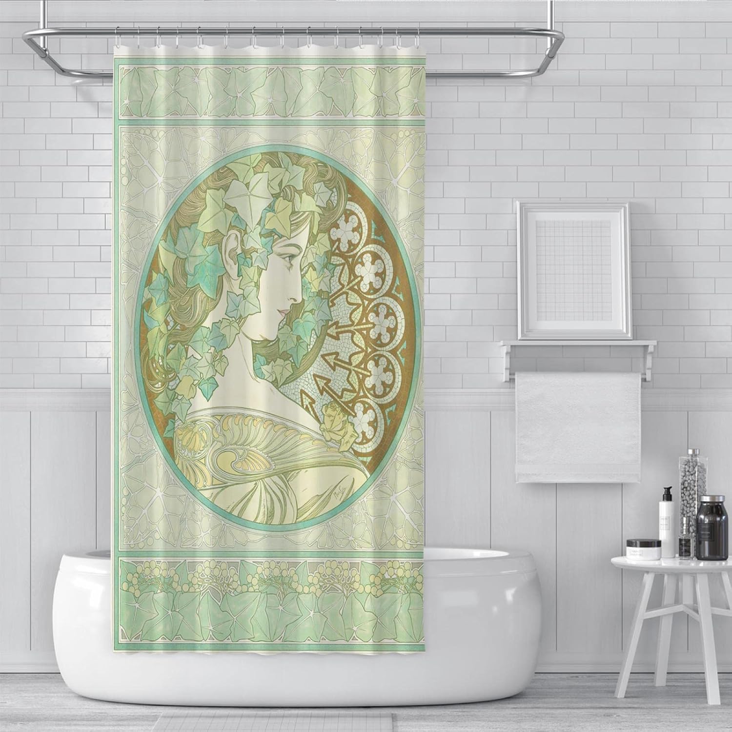 Green Leaf Shower Curtain Liner Alphonse Mucha Illustration Shower Curtain Set with Hooks Extra Long Shower Curtains Waterproof Washable W78 x L84(in)