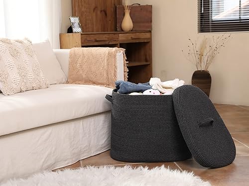 Miniatura 33 de Cesta de almacenamiento rectangular extragrande de 22 x 14 x 18 pulgadas con tapa, cesta de almacenamiento grande de cuerda de algodón, cesta