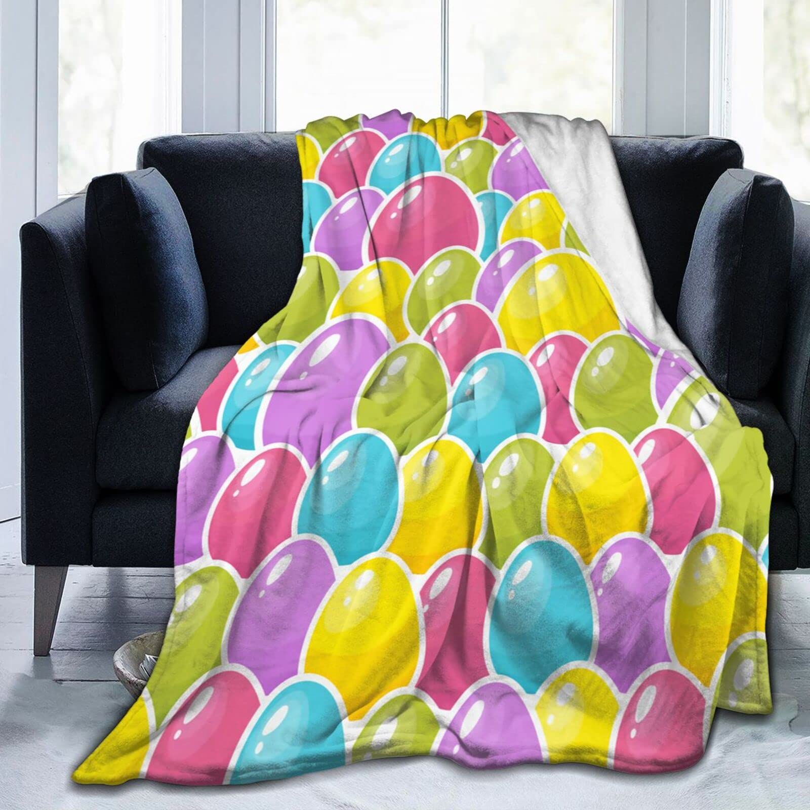 Lsjuee Easter Colorful Eggs Throw Blanket Warm Cozy Lightweight Blankets Easter Gift Flannel Blanket for Sofa Couch Bed Office Holiday Decorative 80"X60"