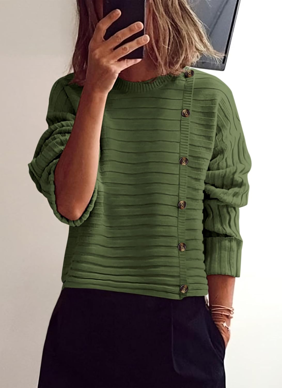 PRETTYGARDEN Womens Sweaters Fall 2026 Casual Long Sleeve Crewneck Button Loose Winter Knit Pullover Sweater Tops - Image 2