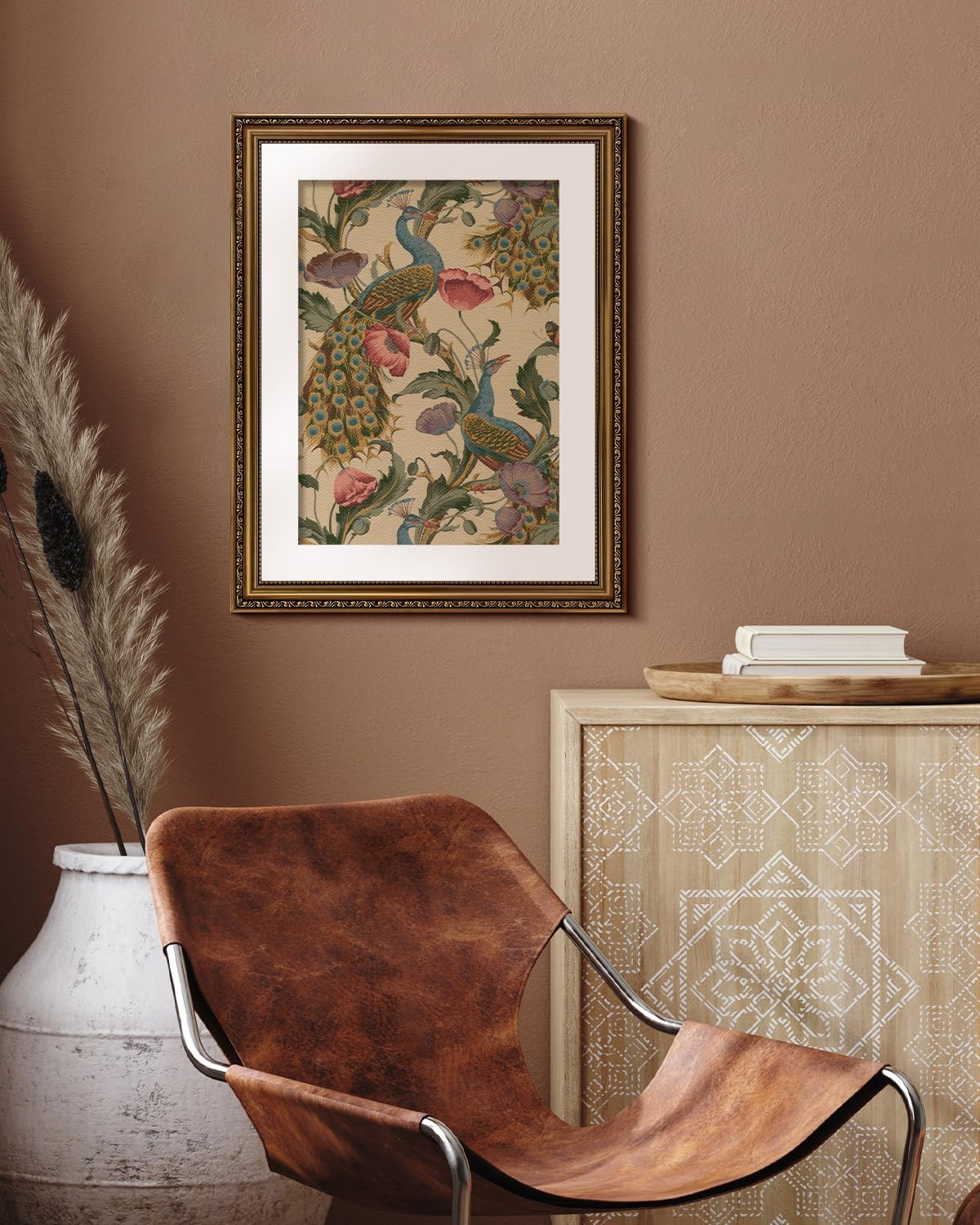 golden framed canvas wall art vintage peacock, classic vine with poppies floral canvas print wall decor, bird art print wall hanging 16x20 inch, for bedroom bathroom living room decor peacock framed 20"l x 16"w