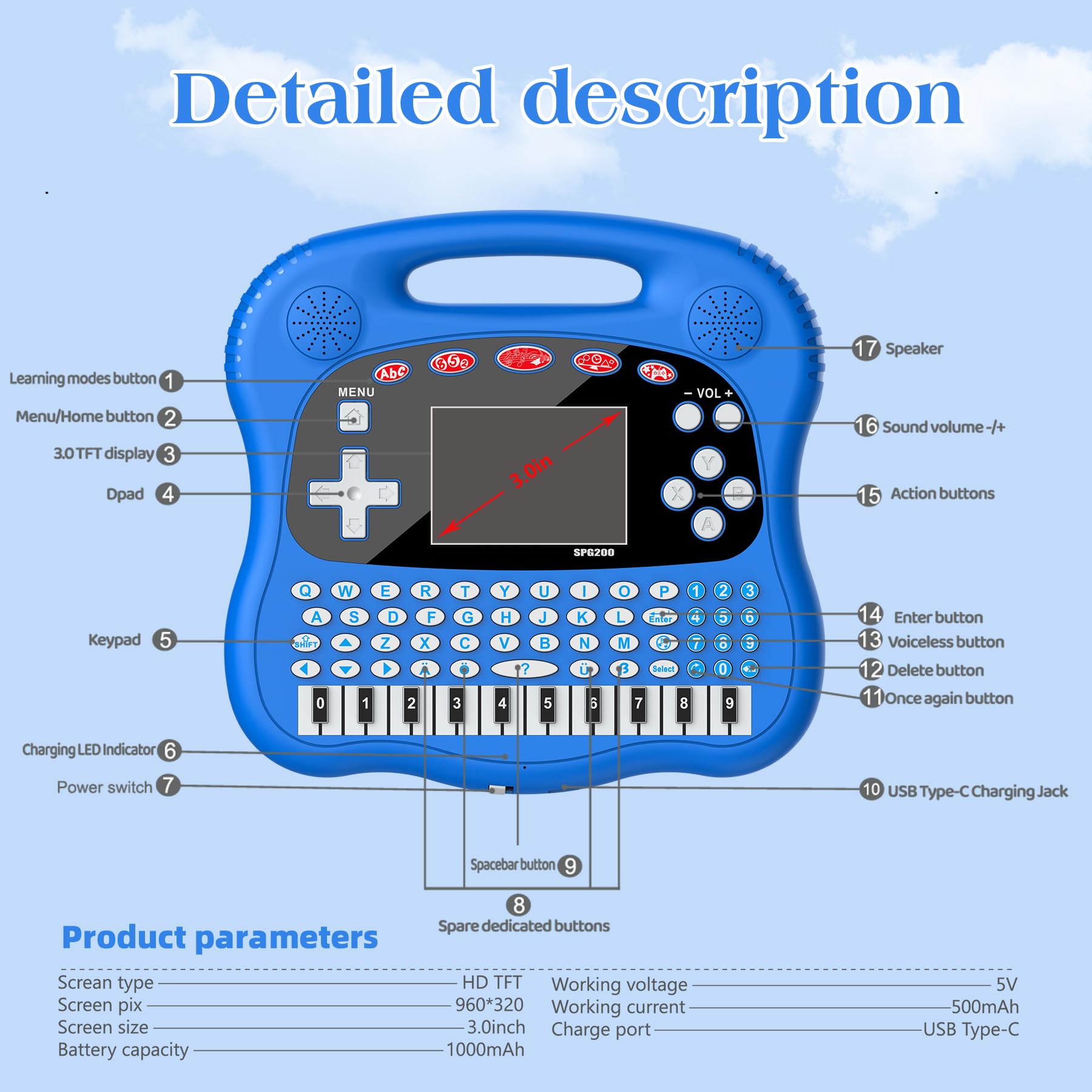 Tableta de aprendizaje para niños, pantalla a color HD de 3.0 pulgadas, alfabeto, palabras, matemáticas, juegos, música, preescolar, electrónica educativa interactiva para niños y niñas 4