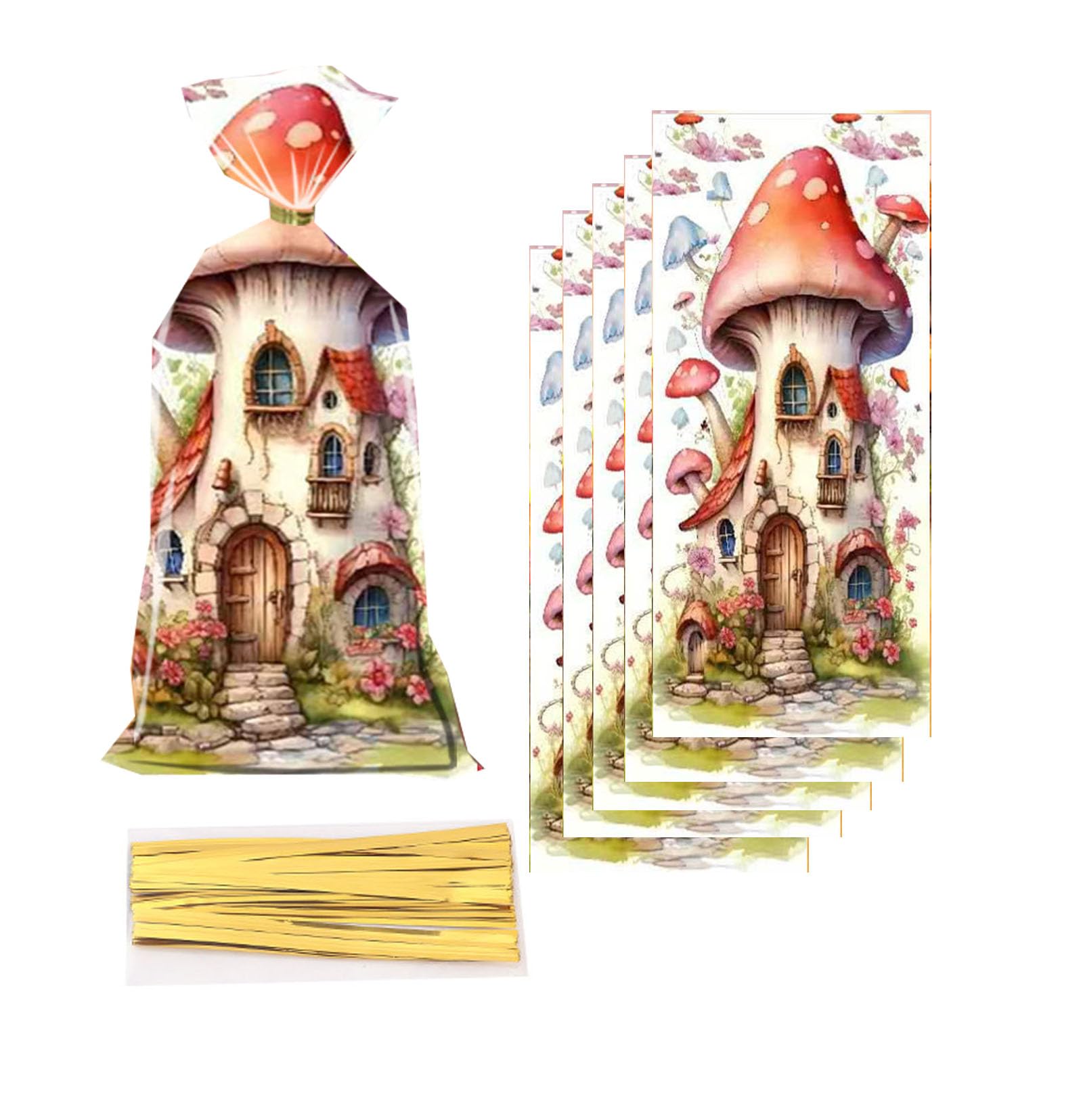 CSTYWC 50 Pieces Mushrooms Treat Bags Cellophane Bags Mushrooms Party Bags Plastic Candy Bag with 50 Pieces Twist Ties for Birthday Party Baby Shower