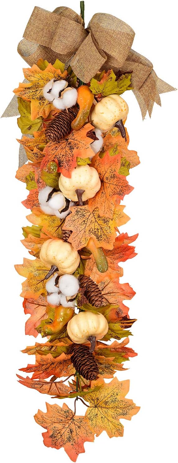 27Inch Artificial Fall Maple Swag, Decorative Swag with Autumn Leave,Pumpkin, Pine Cone,Cotton Ball Garland for Autumn Wedding Door Fireplace Thanksgiving Dinner Party