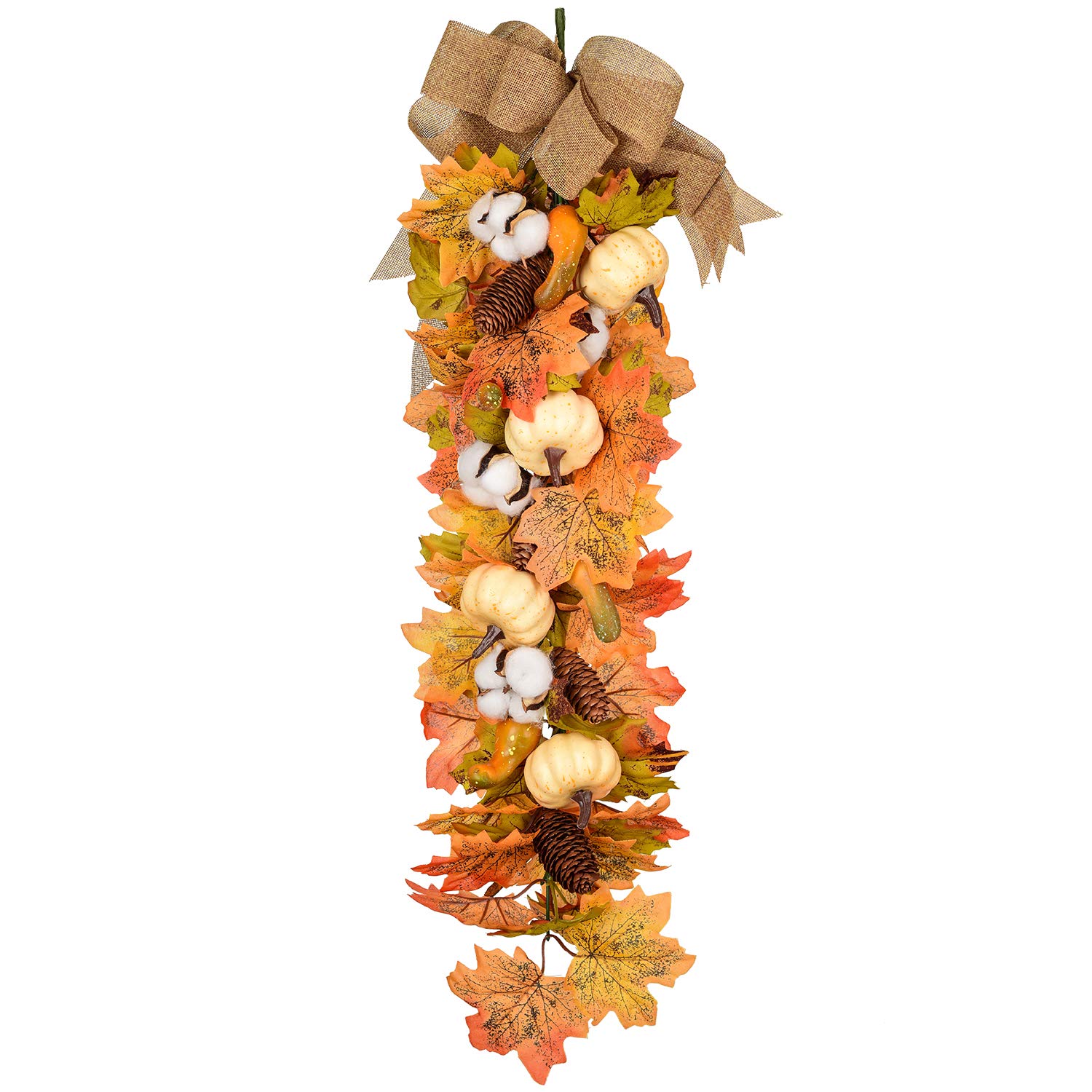 27Inch Artificial Fall Maple Swag, Decorative Swag with Autumn Leave,Pumpkin, Pine Cone,Cotton Ball Garland for Autumn Wedding Door Fireplace Thanksgiving Dinner Party