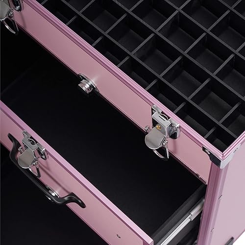 Miniatura 7 de Caja de tren de maquillaje rodante, caja de almacenamiento de maquillaje de 3 capas, carrito cosmético grande con cerraduras, organizador de