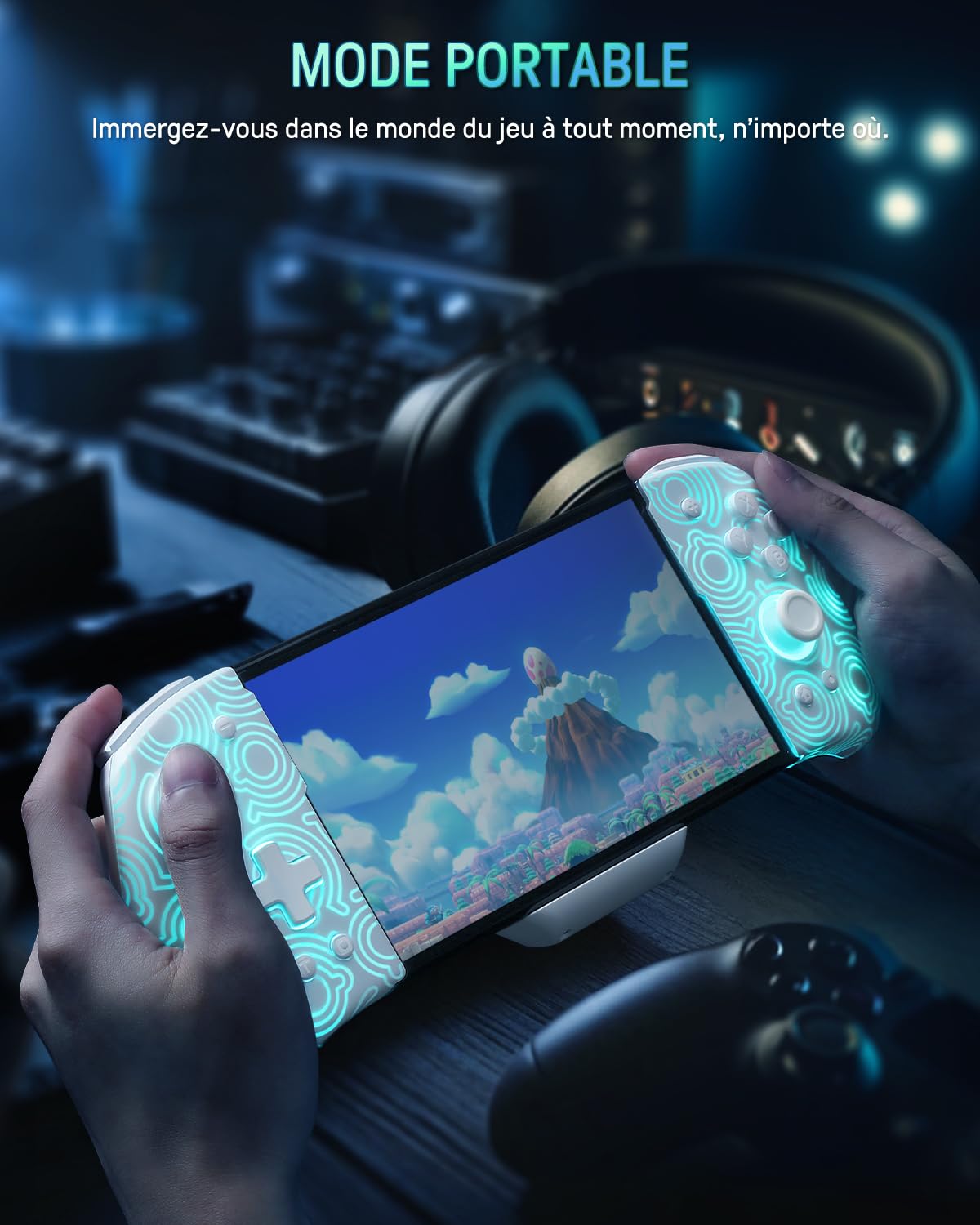 PALPOW Manette lumineuse Switch – Compatible Switch/OLED, design ergonomique, Joypad intégré, Turbo, Mapping, LED 7 couleurs – Blanc