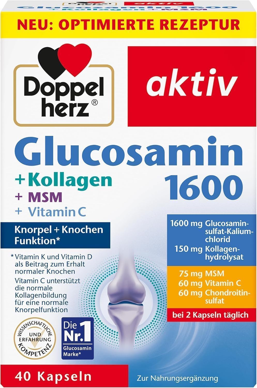 Doppelherz Glucosamine 1600 with Collagen and MSM - Vitamin C as a Contribution to Normal Collagen Formation for Normal Cartilage Function - 40 Capsules
