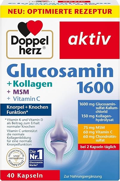 Doppelherz Glucosamine 1600 with Collagen and MSM - Vitamin C as a Contribution to Normal Collagen Formation for Normal Cartilage Function - 40 Capsules