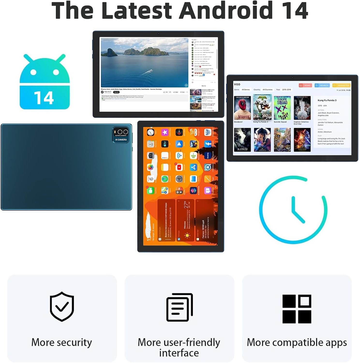 Graphic showcasing Android 14 operating system features including enhanced security, user-friendly interface, and broad app compatibility.
