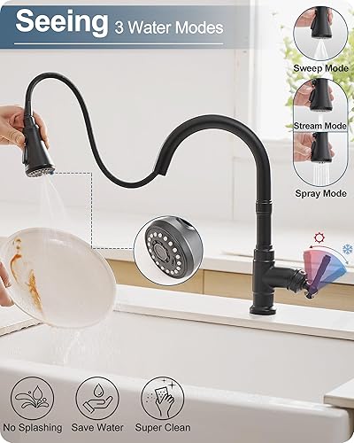 Miniatura 2 de HOIGY Grifo de cocina negro con rociador extraíble, 3 funciones, grifos de cocina de 1 o 3 agujeros con pulverizador, grifo de arco alto de una sola