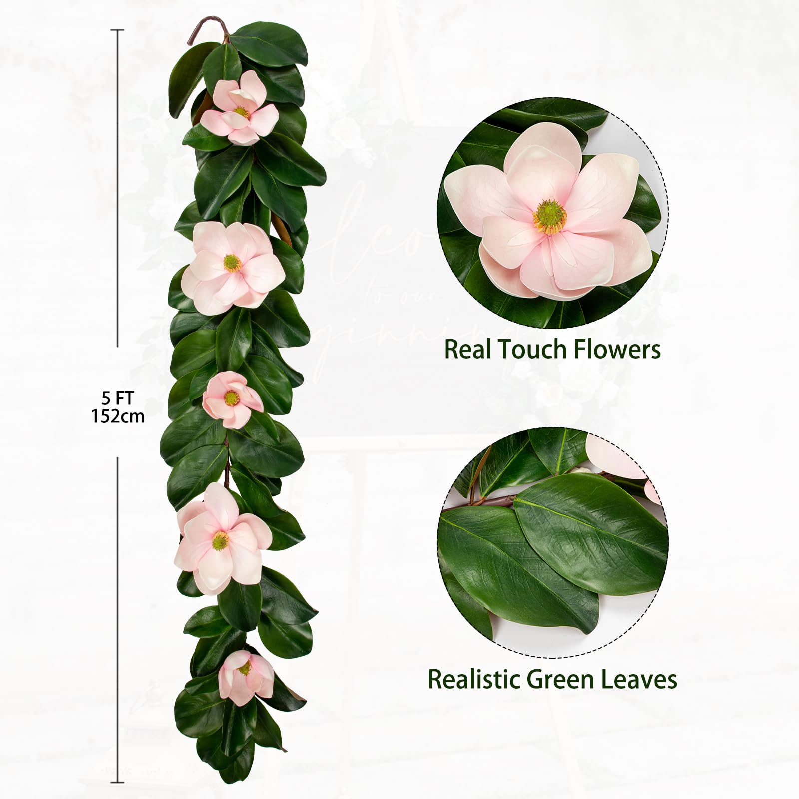 Girlanda ze sztucznej magnolii, 15 m, sztuczny różowy kwiat, prawdziwe w dotyku, kwiaty, zieleń, winorośl, sztuczny liść magnolii, girlandy, kwiatowe girlandy, dekoracja na łuk ślubny, kominek