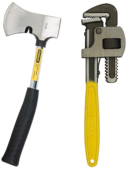 STANLEY 54-105 Camp Axe Steel Shaft for CampingHiking use STANLEY 71-642 12''/300mm Stilson Type Pipe Wrench (Yellow & Black)