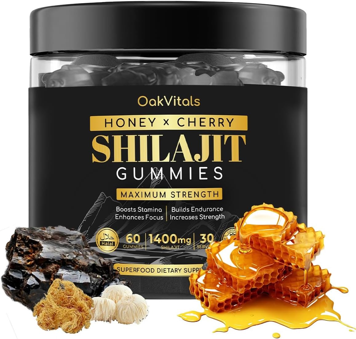 Gomas de Shilajit Orgânicas Puramente Naturais para Homens e Mulheres | Ashwagandha, Ágar-ágar, Cogumelo Lion's Mane e Muito Mais | 60 Contagem 1400mg