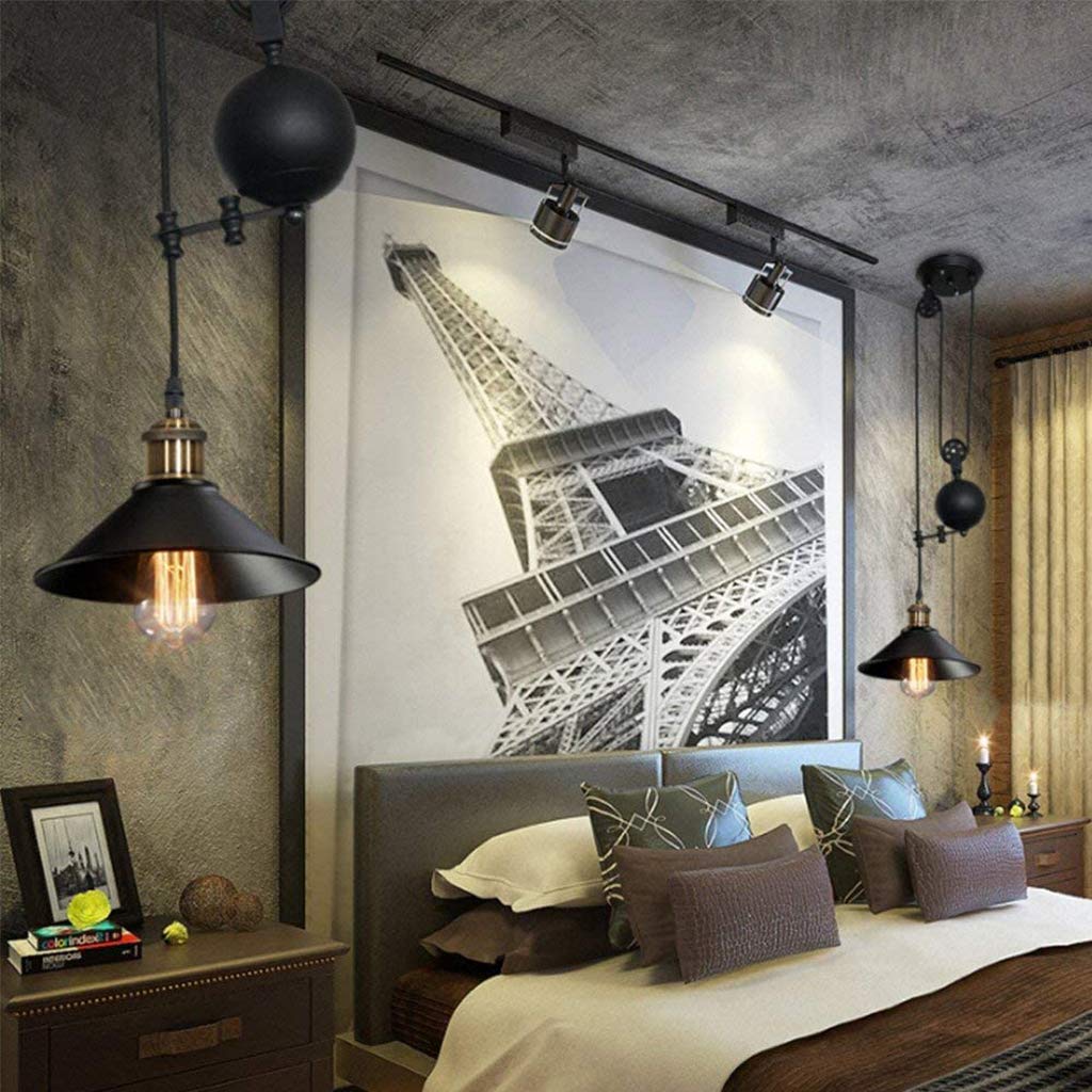 Industriële hanglamp vintage zwarte hanglamp retro katrol hangende ophanging E27 antieke metalen in hoogte verstelbare kroonluchter, lamp voor keuken bar hal kantoor eetkamer 1 lamp