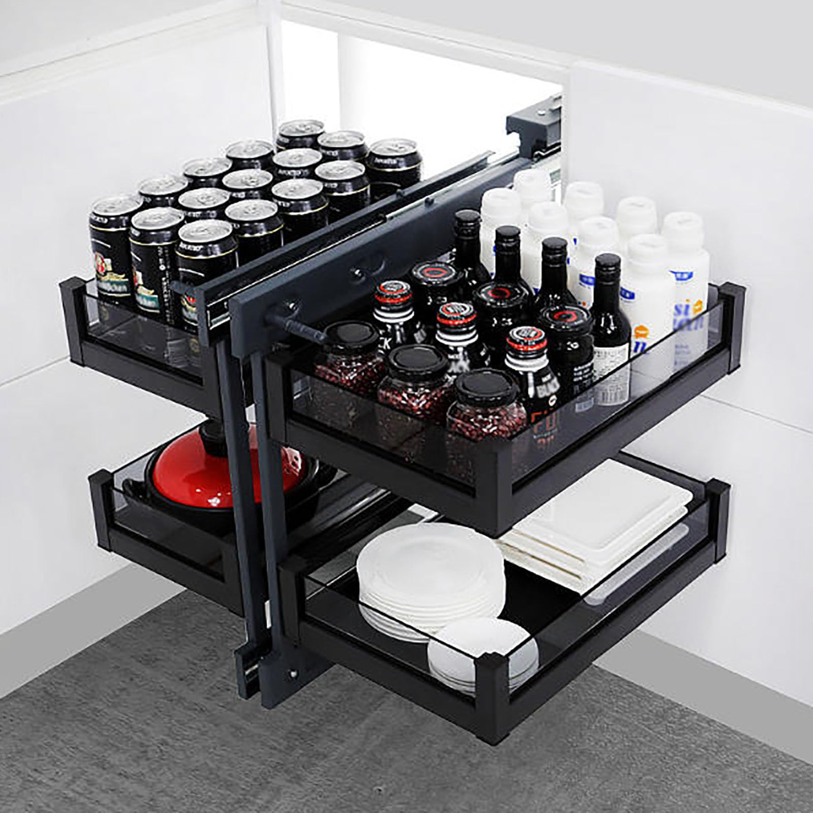 Organiseur d'angle coulissant à 2 niveaux pour meuble de cuisine réglable pour les coins gauche/droit maximise le rangement 4 étagères Accès facile Solution durable et peu encombrante