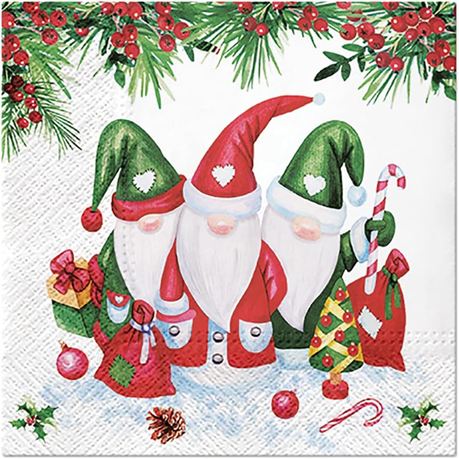 3Ply Christmas Serviettes Traditional Xmas Tissue Paper Napkins 33cm x 33cm - Pack of 20 (Christmas Gnomes)