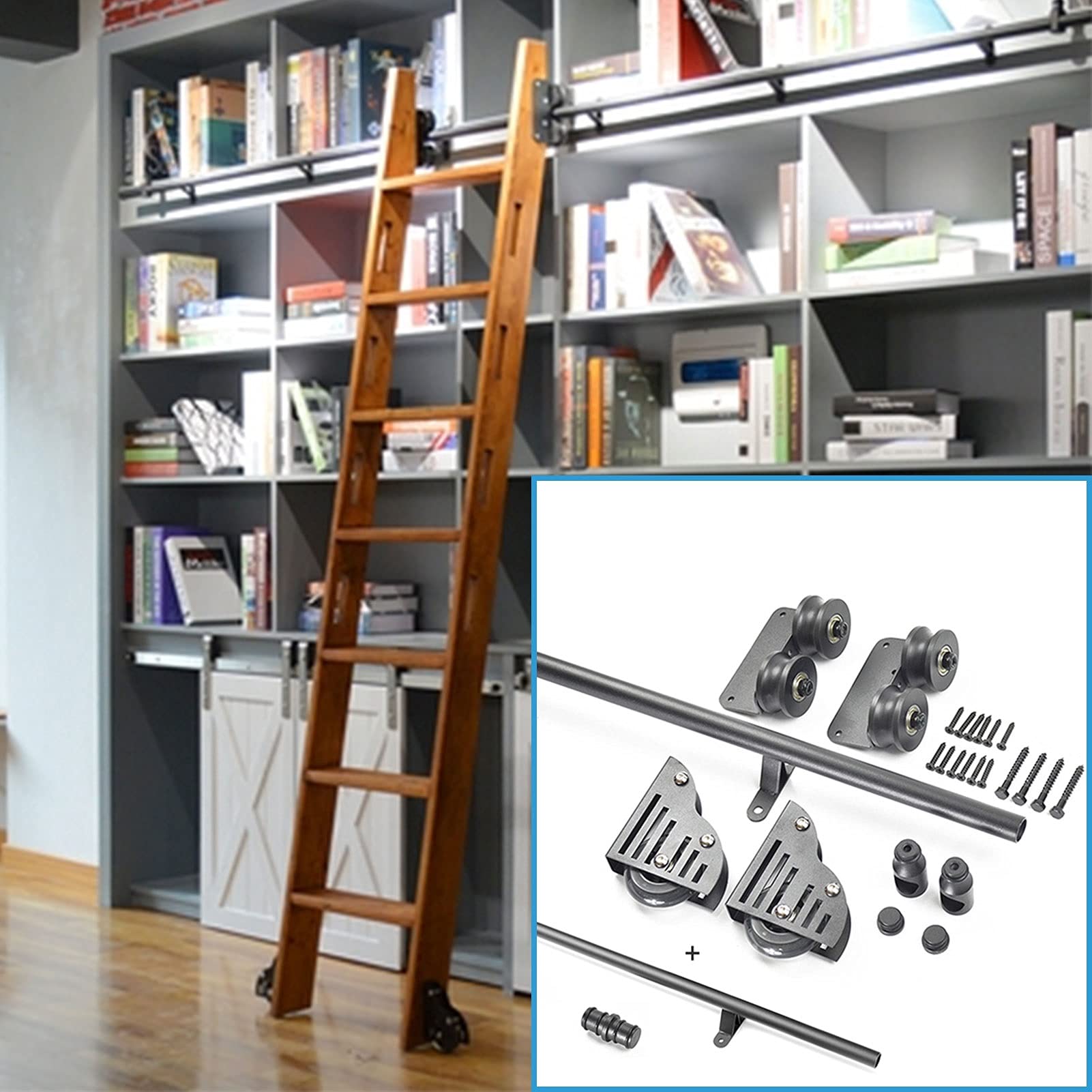 Rail d'échelle mobile à tube rond pour aménager un salon avec bibliothèque de style loft