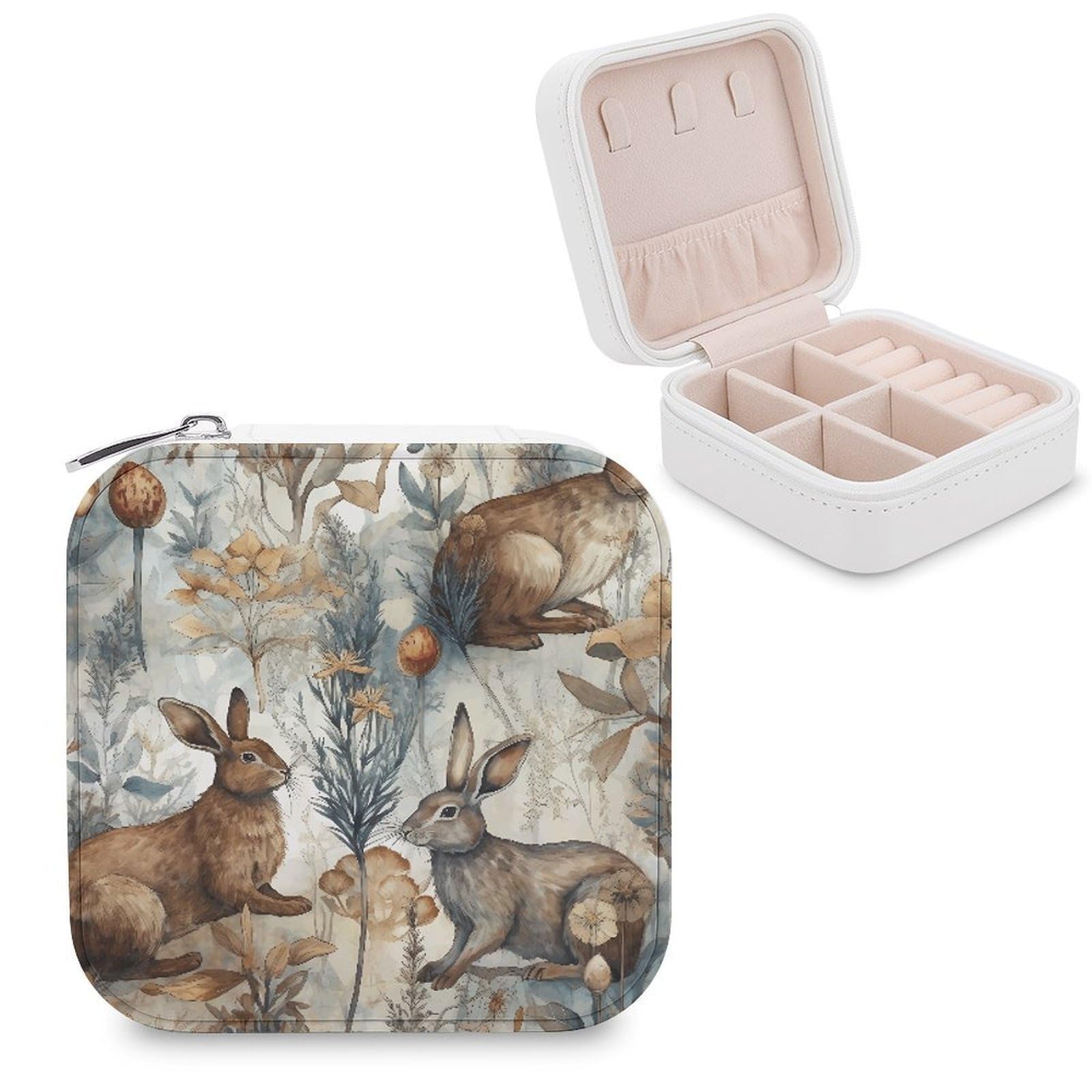 FekiLoot Plant And Bunny Pattern Jewelry Case Personalized Leather Jewelry Box Mini Travel Jewelry Case Small Portable Jewelry Organizer for Ring Earrings Necklace Bracelet