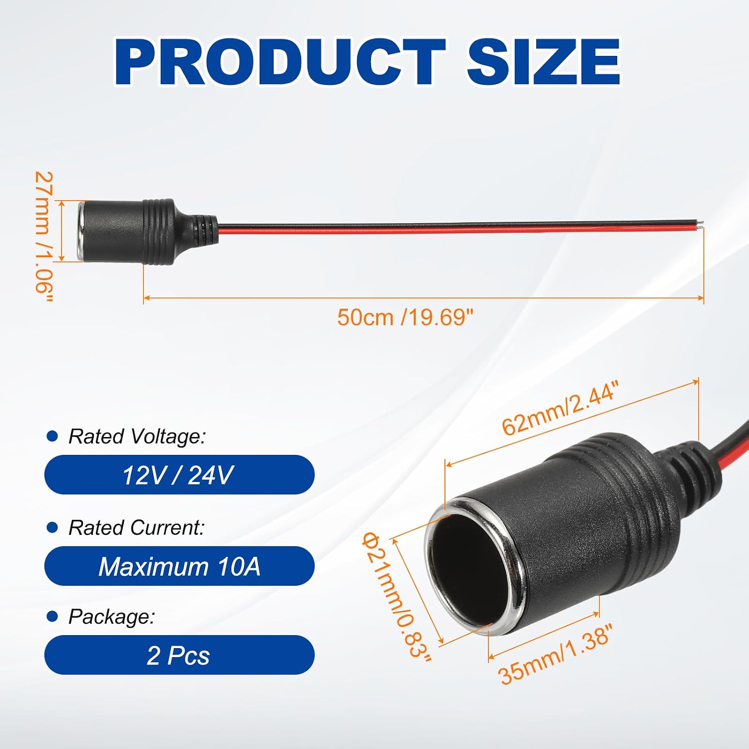 MECCANIXITY 2Pcs 18AWG Female Car Cigarette Lighter Socket with Bare Wire Open End Cable, 50cm/1.6FT 12V/24V 10A Car Charger Power Female Socket Adapter for Powering In-Vehicle Equipment