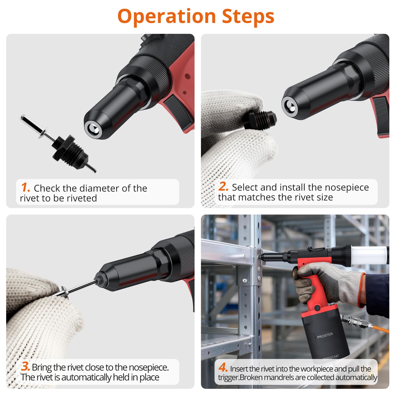 Proster Remachadora Neumatica Autoaspirante 1400KGF Pistola Remachadora de Aire con 360°Conector de Aire Giratorio y 5 Tamaños de Boquilla 2,4-6,4mm para Mecánicos, Marinos y Automoción