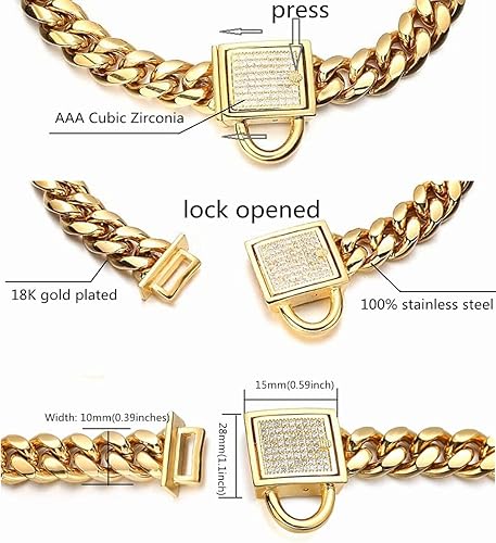 Miniatura 3 de Collar de cadena de oro para perro, 0.394 pulgadas de ancho, eslabones cubanos para cachorros, acero inoxidable 316L con bloqueo de diamante de