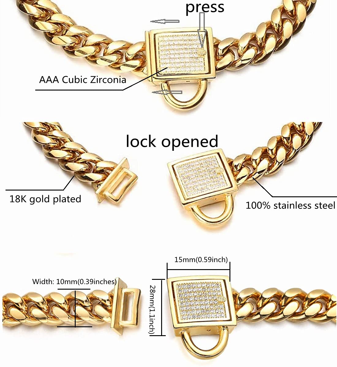 Collar de cadena dorado para perro, 10 mm de ancho, eslabones cubanos, collar para cachorros, acero inoxidable 316L con circonita cúbica y cierre de diamante, collar brillante para perros grandes (10