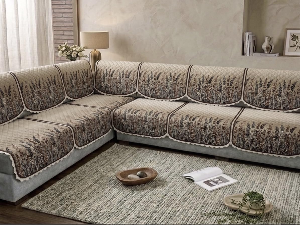 Polycotton L-Shape Sofa Cover Printed 4+3 Seate(Pack Off 14) (Gold)-picture-31