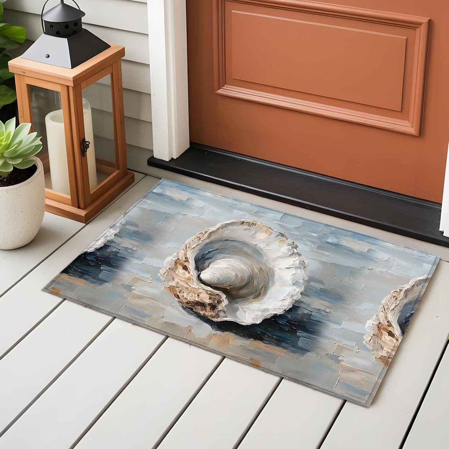 Coastal Seashells Bathroom Rug Washable 2x3 Entryway Rug Non Slip Rustic Nautical Oil Abstract Painting Front Door Mat Low Pile Indoor Doormat Throw Floor Carpet for Kitchen Bedroom Entrance