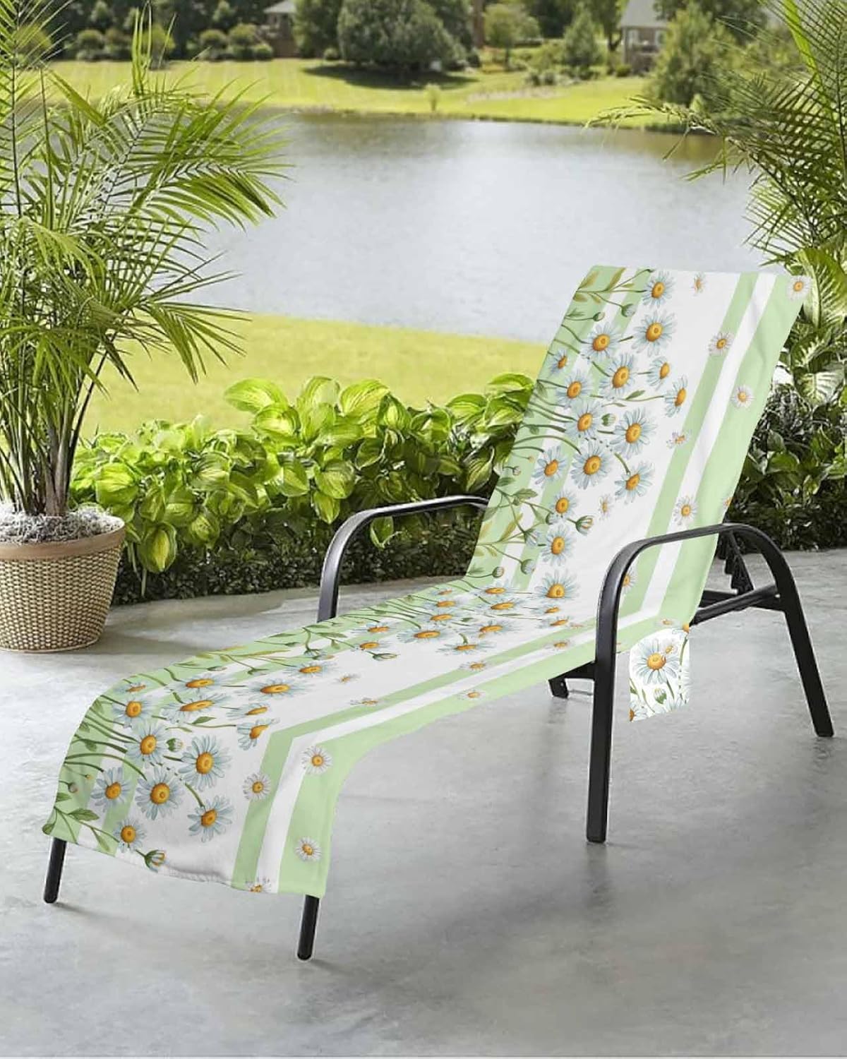 White Flower Beach Pool Patio Lounge Chaise Chair Cover Towel With Pockets,Absorbent & Quick Dry Microfiber Towel Cover Bag Summer Accessories for Sunbathing Watercolor Daisy Florals Geometric Stripes