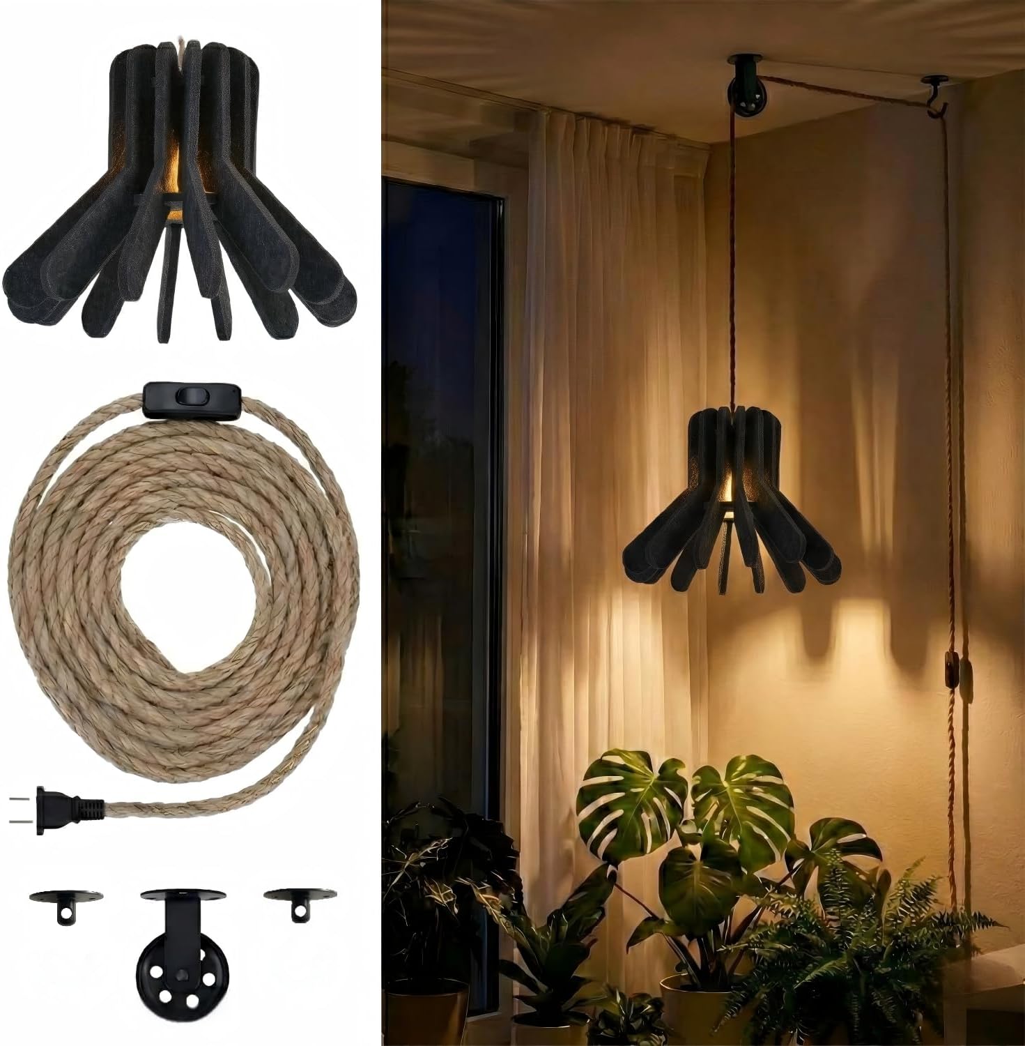 Pendant Light with Felt Lampshade, Modern Hanging Lamp Fixture, DIY Acoustic Plug-in Pendant Light for Kitchen Island, Living Room, Dining Room, Bedroom, Office (D11.8"x10.2")