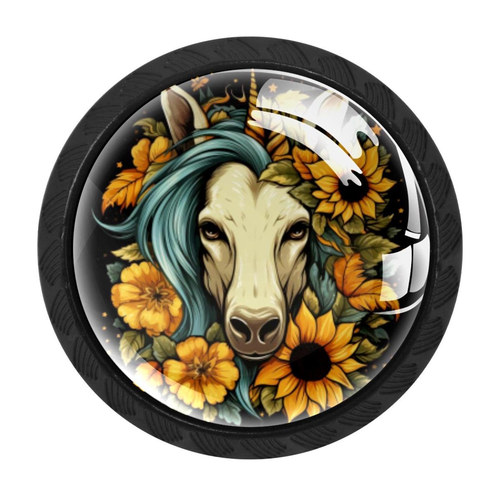 CHENZZZZ 4 Pack Unicorn Skull Sunflower Kitchen Cabinet Knobs Drawer Knobs Dresser Knobs Matte Black Zinc Knobs Drawer Pulls Door Knobs Dresser Drawer Handles Knobs for Dresser Drawers