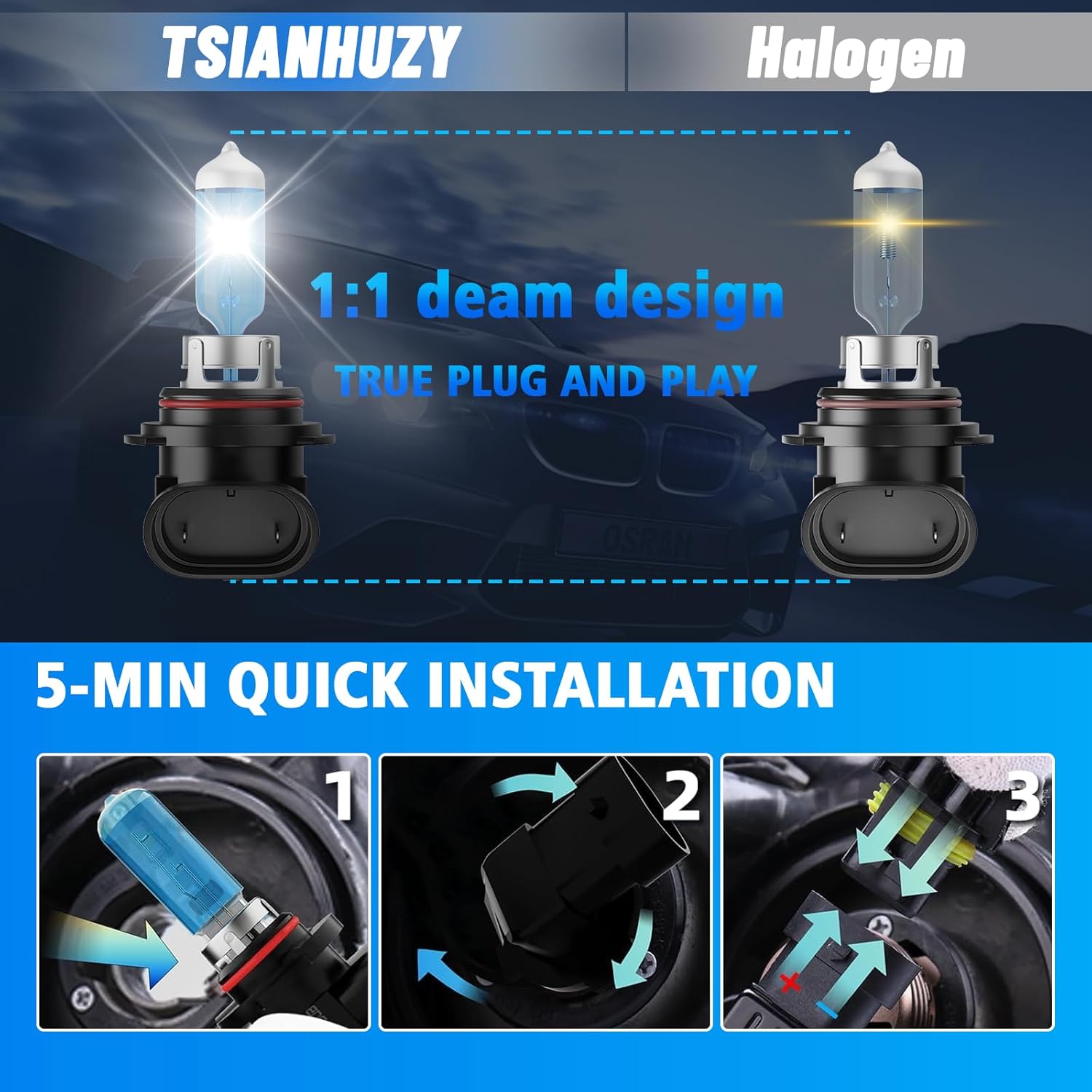 Halogen Headlight Bulbs Fit For Toyota Camry 2007-2018, High Low Beam Headlamp Bulbs Combo, 100W 6000K White 300% Brightness, Plug and Play, 4-Pack