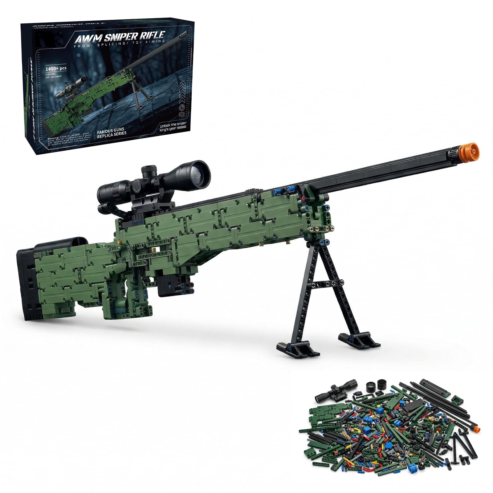 LQPFBSM 1:1 AWM Model Building Block Set 1400 Pcs Military Gun Sniper Rifle Building Kit Gift for Adults & Teens