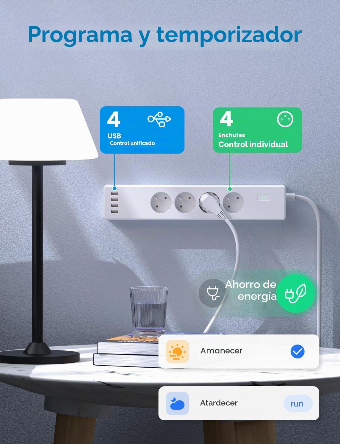 Regleta inteligente (tipo E) 16 A wifi compatible con Apple HomeKit, Alexa y Google Home (4 tomas de CA y 4 puertos USB), regleta inteligente con control por voz